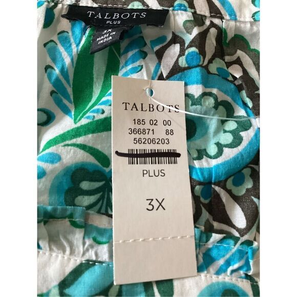 Talbots Plus Paisley Top Blouse Sz 3X Ruffled Square Neck Sleeve Blue Green - Picture 5 of 9
